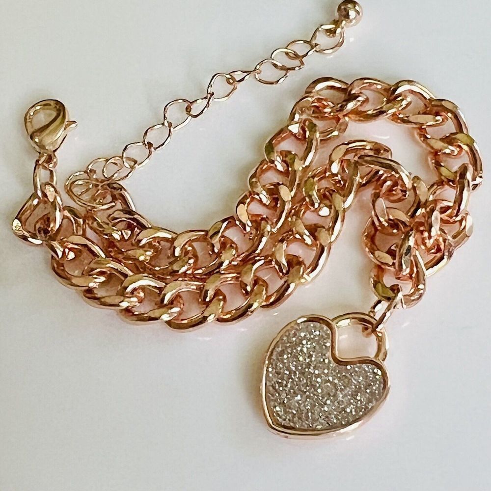 Heart Charm Bracelet Rose Gold tone Pave Crystal Adjustable PRETTY 1355